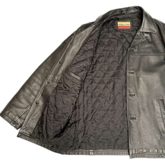 Vintage Travellers Leather Large Coat Jacket Black with Pockets 90s Y2K - Picture 3 of 7